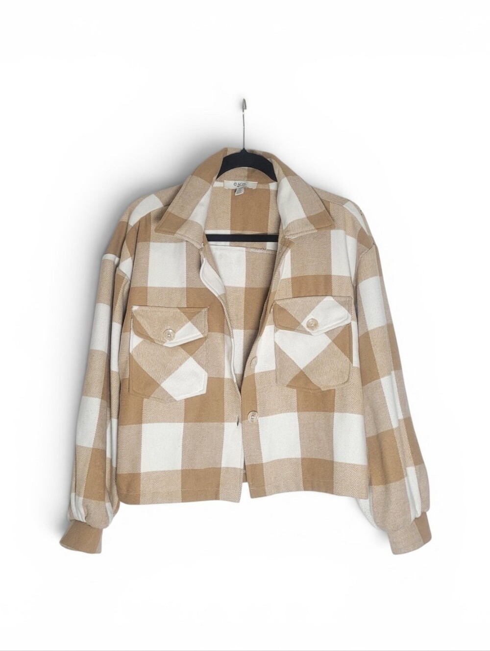 Cropped Flannel Shacket Jacket - Camel & White Plaid